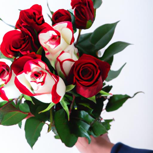 Một bàn tay cầm bó hoa hồng đỏ trắng