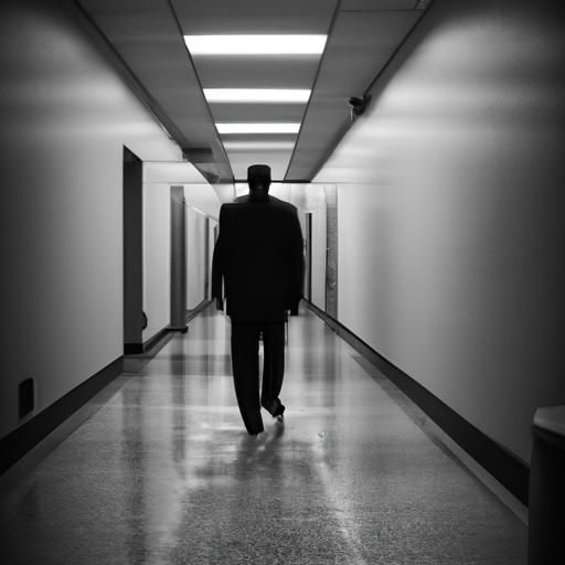 Hình ảnh đen trắng của Luật sư bí ẩn đi bộ trong hành lang tối.