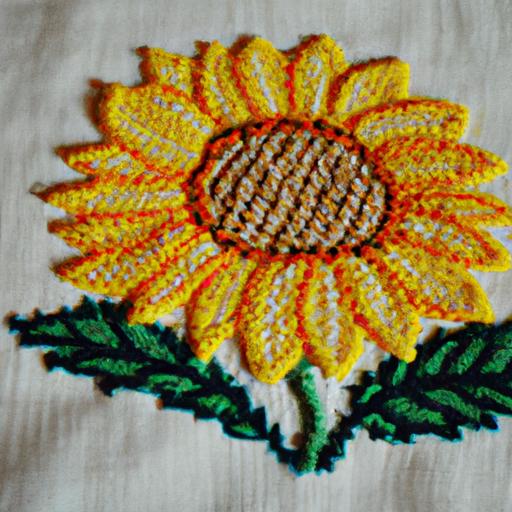 Hình thêu hoa hướng dương đơn giản trên nền vải màu vàng.