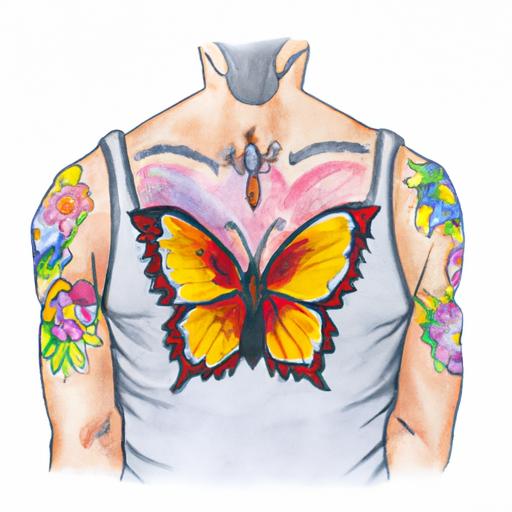 Hình xăm bướm nước với hoa trên ngực nam giới