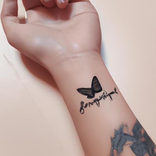 Hình xăm bướm tối giản trên cổ tay với từ 'tự do'
