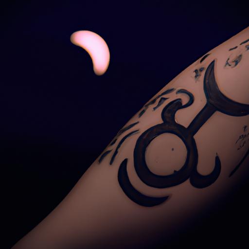 Hình xăm cung mặt trăng Cự Giải trên cánh tay người với nền trời ánh trăng.