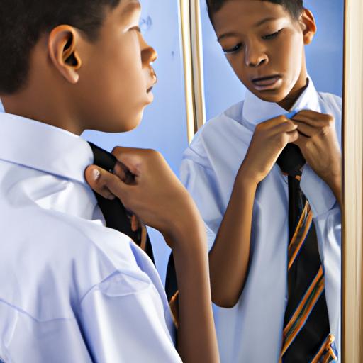 Học sinh trong trang phục đồng phục chỉnh sửa cà vạt trước gương.