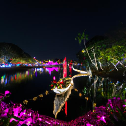 Khung cảnh đêm của lễ hội thuyền hoa, với nhiều chiếc thuyền được trang trí tuyệt đẹp bằng đèn và hoa.