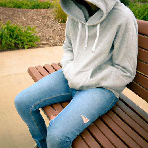 Người ngồi trên ghế đang mặc quần jean flare màu sáng và áo hoodie màu xám.
