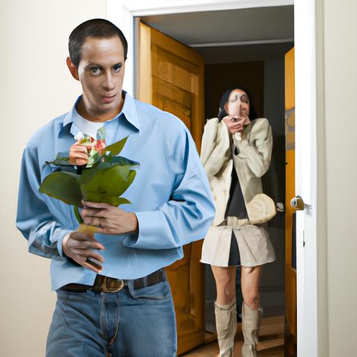 Người đàn ông cầm hoa đứng ngoài cửa, người phụ nữ trong nhà trông choáng váng.