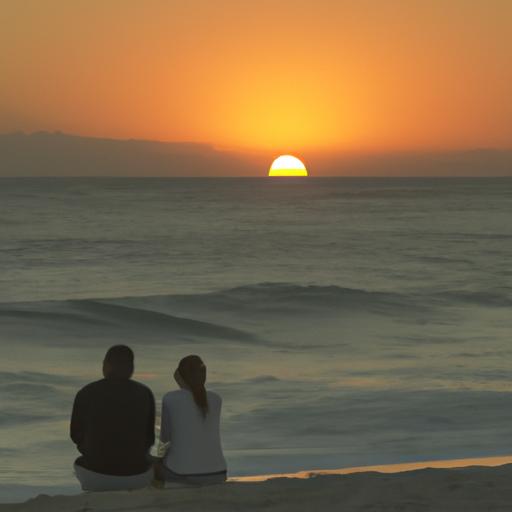 Một người đàn ông và một người phụ nữ đang thưởng thức hoàng hôn trên bãi biển.