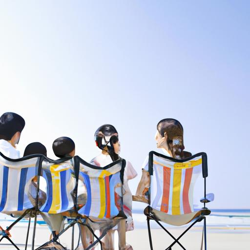 Một gia đình ngồi trên ghế xếp bên bờ biển.