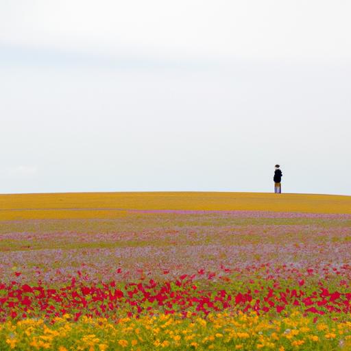 Một hình bóng đơn độc đứng trên đồi nhìn xuống một cánh đồng hoa rộng lớn