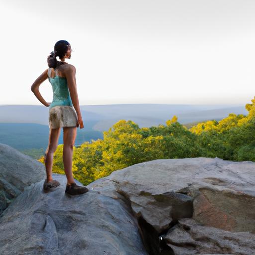 Một người phụ nữ đứng trên đỉnh núi, ngắm nhìn thung lũng