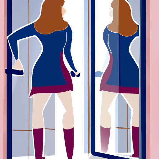 Một người phụ nữ đứng trước gương thử váy ngắn hở đùi.