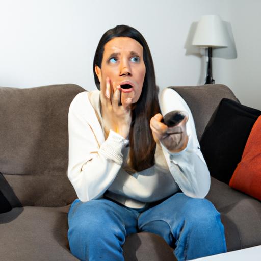 Một người phụ nữ nhìn sợ hãi khi xem một trận đấu súng trên TV sau khi mơ thấy nó