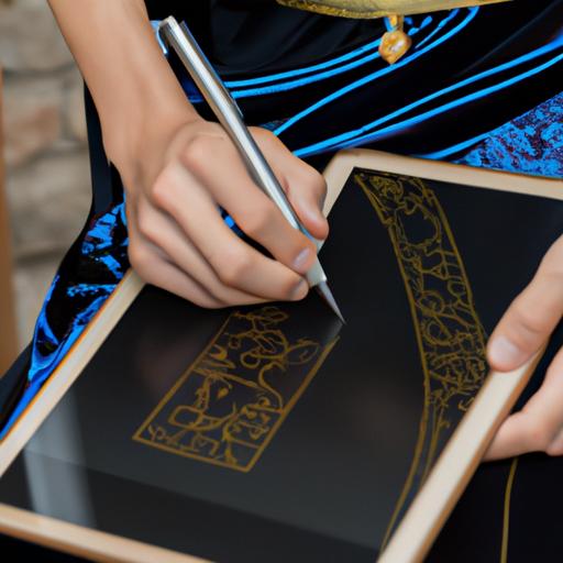 Một người đàn ông cầm tablet và sử dụng bút kỹ thuật số để vẽ thiết kế của áo dài Việt Nam