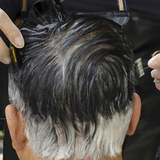 Người đàn ông với mái tóc nửa đen nửa trắng đang cắt tóc