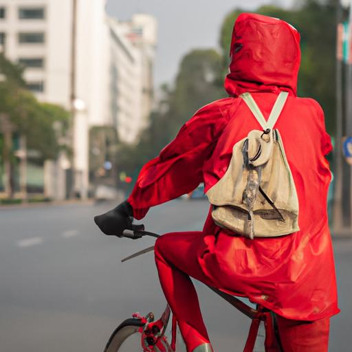 Nam thanh niên diện áo phao ba lỗ màu đỏ khi đạp xe trong thành phố.