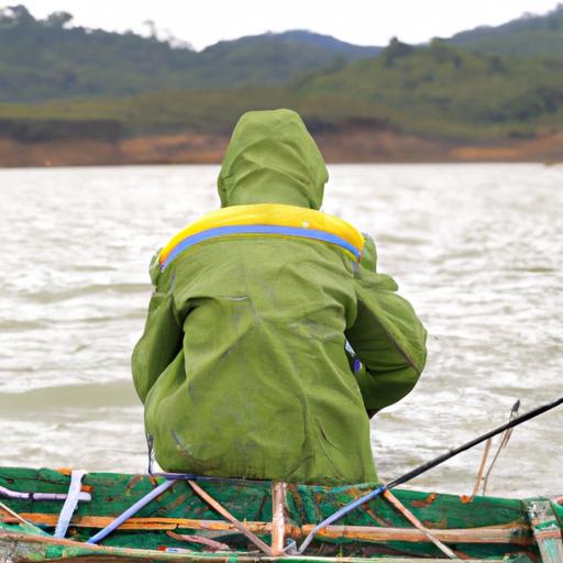 Nam thanh niên diện áo phao ba lỗ màu xanh lá cây khi đi câu trên thuyền.