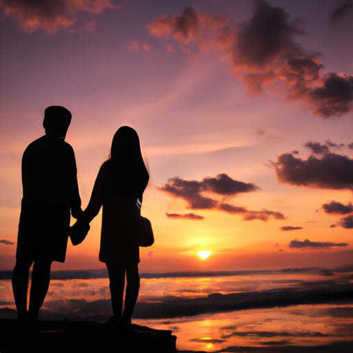 Cặp đôi nắm tay nhau ngắm hoàng hôn trên bãi biển