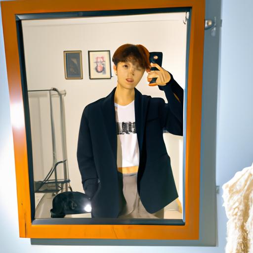 Một người ảnh hưởng Hàn Quốc đẹp trai đang chụp ảnh tự sướng trước gương.