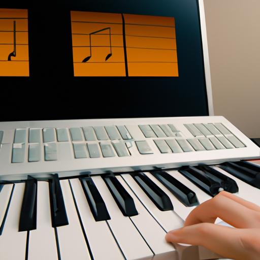 Người bấm phím trên bàn phím máy tính với phần mềm nhạc đang mở trên màn hình.