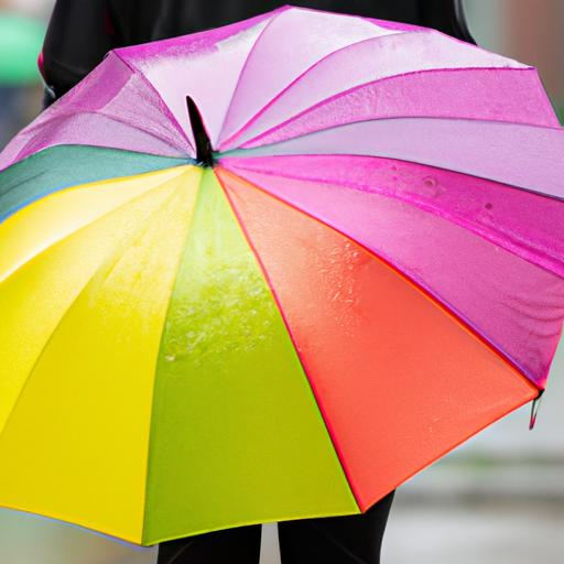 Người cầm ô màu cầu vồng trong trời mưa