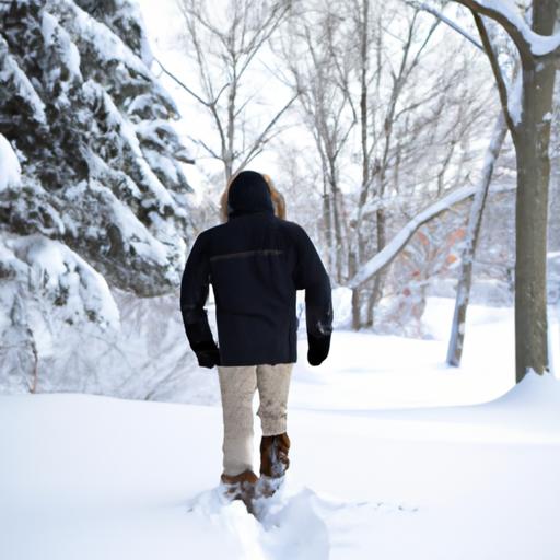 Người đàn ông đang mặc áo khoác dáng dài và giày lông đang đi bộ trong cảnh đẹp mùa đông