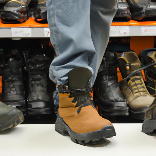 Người lao động đang thử nhiều loại giày bảo hộ khác nhau tại cửa hàng