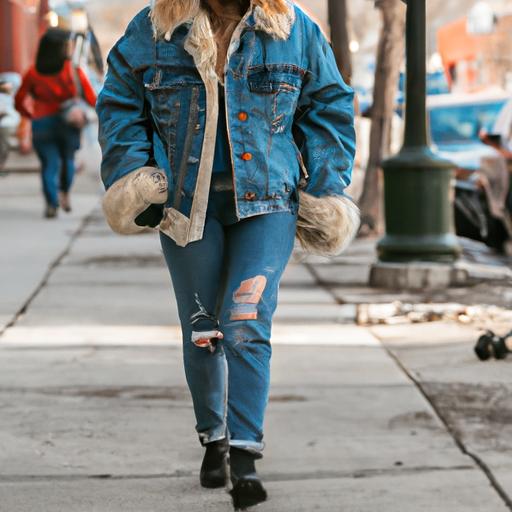 Một người mặc áo khoác denim lót lông đi bộ trên đường phố thành phố