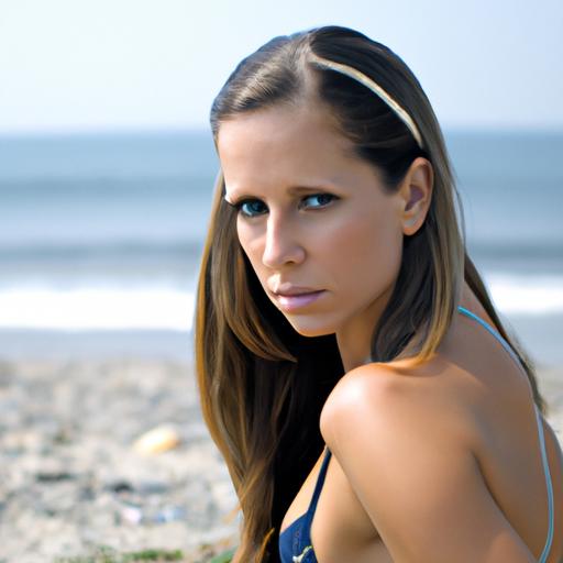 Người mẫu nữ mặc đồ bơi đứng trên bãi biển