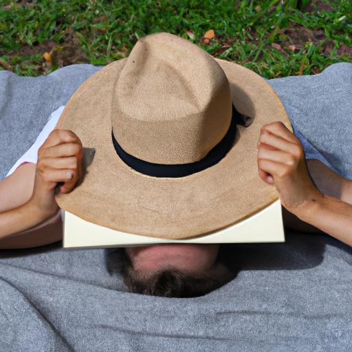 Người nằm trên tấm chăn picnic che mặt bằng sách và mũ