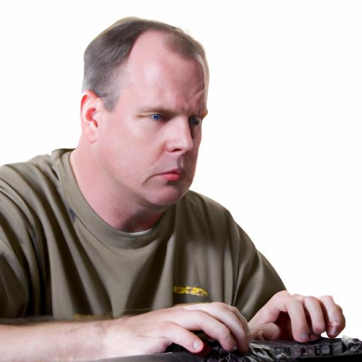 Một người ngồi trước màn hình máy tính, đánh bàn phím, với biểu cảm tập trung trên khuôn mặt.