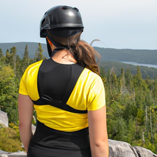 Người phụ nữ mặc trang phục leo núi vàng đen nhìn ra khung cảnh từ đỉnh núi