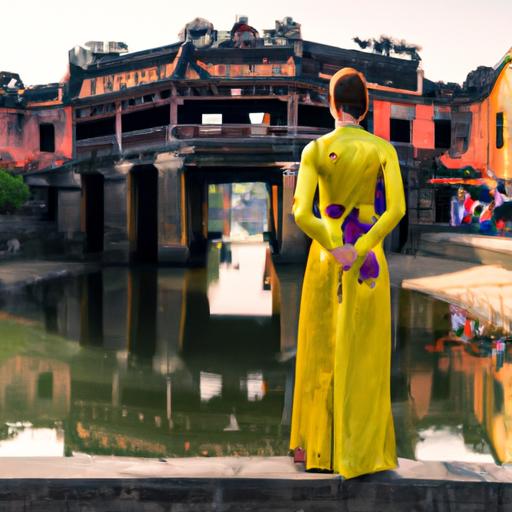 Người phụ nữ tạo dáng trong bộ váy truyền thống Việt Nam trước cây cầu lịch sử ở Hội An.
