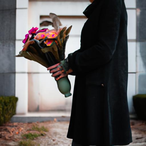 Người đang đứng tại nghĩa trang, cầm một bó hoa với biểu cảm u sầu.