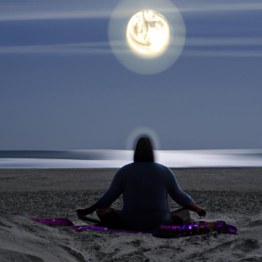 Người đang thiền định trên bãi biển vào ban đêm dưới ánh trăng tròn.
