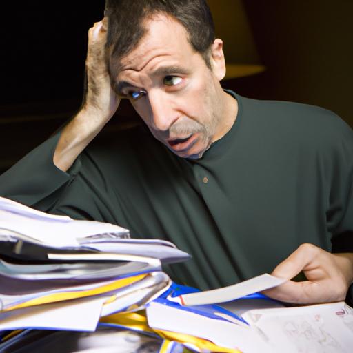 Một người đang nhìn vào một đống hóa đơn và tài liệu tài chính với biểu hiện lo lắng.