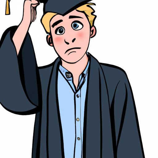 Một người đang cầm một chiếc mũ tốt nghiệp, nhưng trông không chắc chắn và do dự.