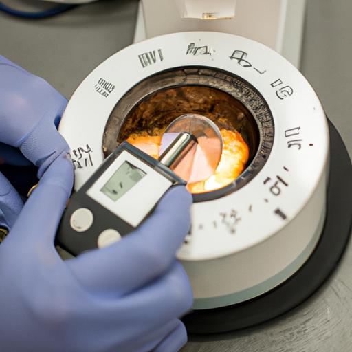 Hình ảnh chụp cận cảnh của một nhà khoa học đang sử dụng máy đo nhiệt lượng để đo lường nhiệt dung riêng của một mẫu chì.