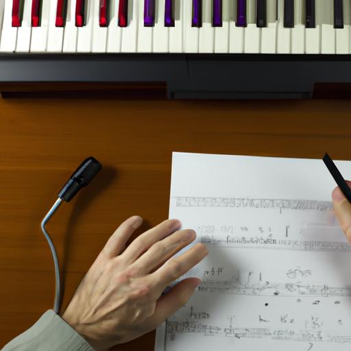 Nhà soạn nhạc ngồi bàn với bút và giấy trong tay.