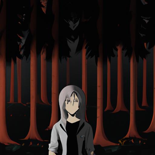Nhân vật anime với gương mặt vô cảm đứng trước khu rừng tối om