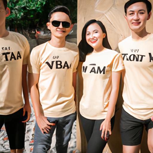Nhóm bạn mặc áo phông đồng phục với câu chữ tiếng Việt
