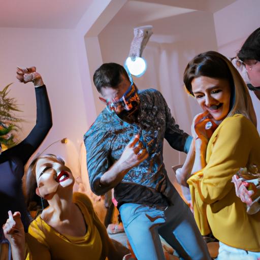 Nhóm bạn đang nhảy múa và hát theo các bài hát vui tươi yêu đời ở một buổi tiệc