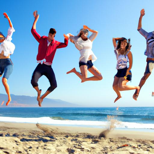 Một nhóm bạn nhảy lên trên bãi biển với niềm vui sướng.