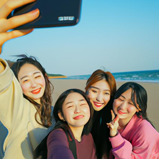 Nhóm các cô gái Hàn Quốc chụp selfie trên bãi biển
