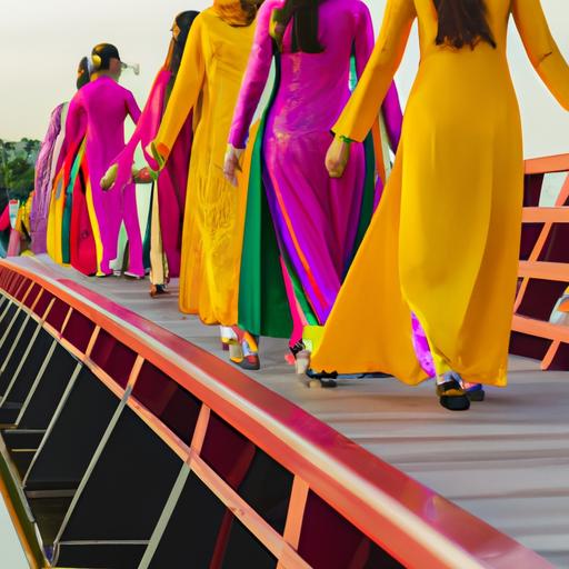 Nhóm cô gái mặc áo dài rực rỡ đi bộ trên cầu