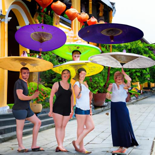 Nhóm khách du lịch tạo dáng với những chiếc ô đầy màu sắc trong phố cổ Hội An.