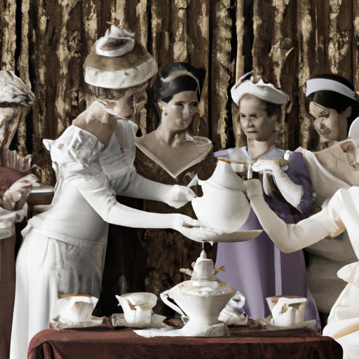 Nhóm người hầu cung phục vụ trà cho nữ hoàng