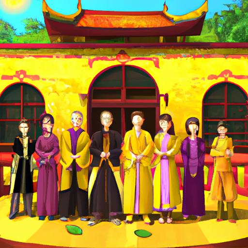 Hình ảnh của các nhân vật chính trong 'ma đạo tổ sư phần 3' đứng cùng nhau trước một ngôi đền.