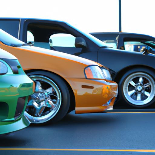 Một nhóm xe độ được sắp xếp tại triển lãm xe hơi.