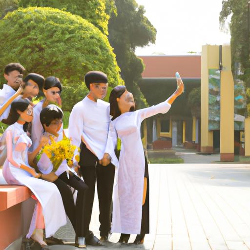 Những sinh viên tạo dáng chụp ảnh selfie trong bộ áo dài