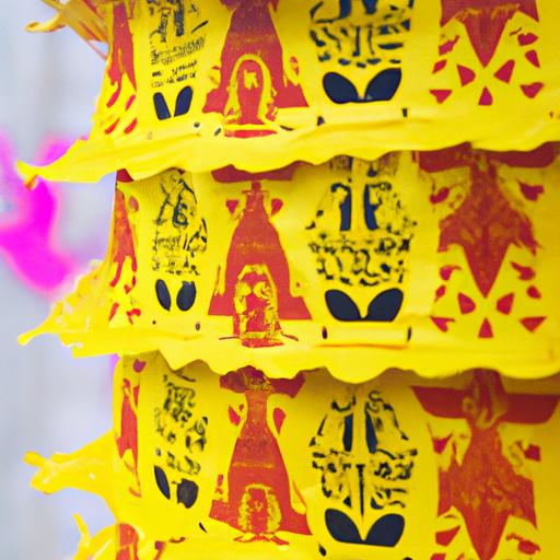 Một tấm gần của chiếc nón lá được trang trí với các hình cắt giấy màu vàng